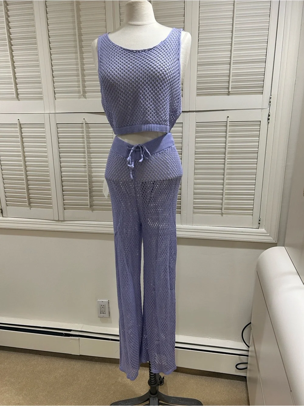 New Lavender Crochet Knit Tank & Wide-Leg Pants Set